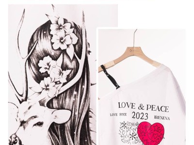 温碧霞IRENENA服装品牌新款露单肩宽松休闲纯棉短袖T恤图2